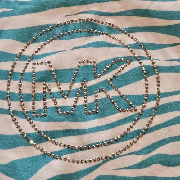 Michael Kors Top Shirt MK Jeweled Sparkle MK Logo Blue White Sz S NWT #0039 - Picture 8 of 8